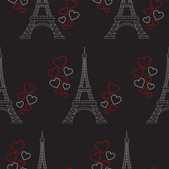 Eiffel Tower and hearts, vector seamless pattern. Paris romantic valentine background.