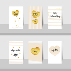 Set of Valentine, Happy Valentine's day small cards gold foil texture heart shaped balloons pink stripe line, with black text be mine, my love, love me and I love you, with gold shiny colors.