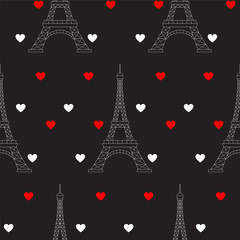 Fototapeta na wymiar Eiffel Tower and hearts, vector seamless pattern. Paris romantic valentine background.