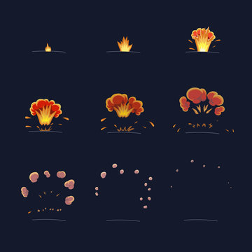 Explode effect animation. Flame and smoke. Cartoon explosion frames  