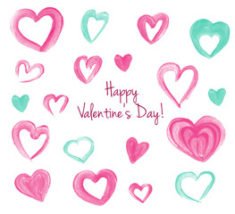 Happy Valentine's set of pink and mint hand drawn hearts. Gouache  handdrawn symbols of the day.