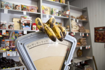 Rotten bananas on a scales in a convenience store, Russia.