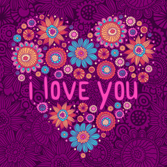 Romantic Valentine’s day card with floral doodles heart