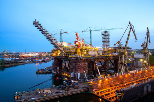 View of the reconstruction oil platform in Gdansk Shiprepair Yard