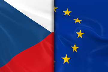 Flags of the Czech Republic and the European Union Split Down the Middle - 3D Render of the Czech Flag and EU Flag with Silky Texture
