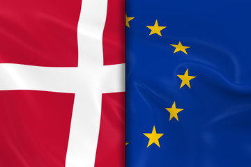 Flags of Denmark and the European Union Split Down the Middle - 3D Render of the Danish Flag and EU Flag with Silky Texture