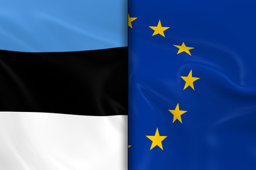 Flags of Estonia and the European Union Split Down the Middle - 3D Render of the Estonian Flag and EU Flag with Silky Texture