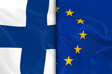 Flags of Finland and the European Union Split Down the Middle - 3D Render of the Finnish Flag and EU Flag with Silky Texture