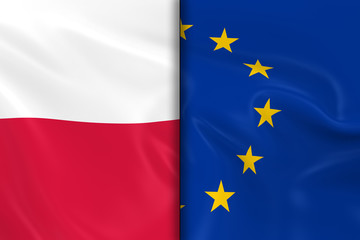 Flags of Poland and the European Union Split Down the Middle - 3D Render of the Polish Flag and EU Flag with Silky Texture