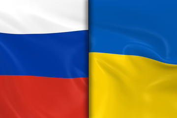 Flags of Russia and Ukraine Split Down the Middle - 3D Render of the Russian Flag and Ukrainian Flag with Silky Texture
