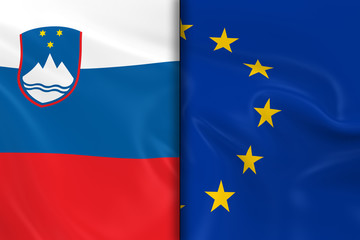 Flags of Slovenia and the European Union Split Down the Middle - 3D Render of the Slovenian Flag and EU Flag with Silky Texture