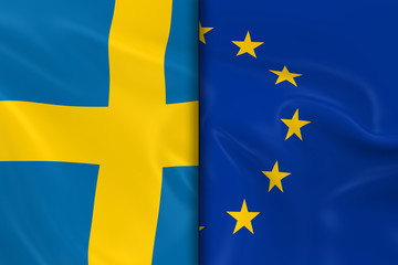Flags of Sweden and the European Union Split Down the Middle - 3D Render of the Swedish Flag and EU Flag with Silky Texture