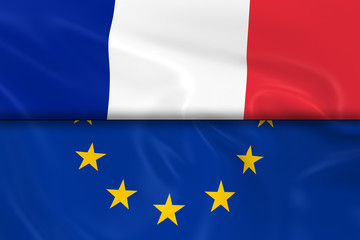 Flags of France and the European Union Split in Half - 3D Render of the French Flag and EU Flag with Silky Texture