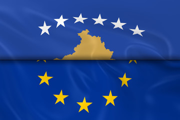 Flags of Kosovo and the European Union Split in Half - 3D Render of the Kosovan Flag and EU Flag with Silky Texture
