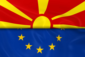 Flags of Macedonia and the European Union Split in Half - 3D Render of the Macedonian Flag and EU Flag with Silky Texture