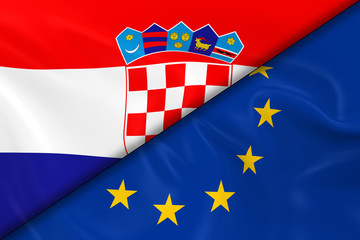 Flags of Croatia and the European Union Divided Diagonally - 3D Render of the Croatian Flag and EU Flag with Silky Texture