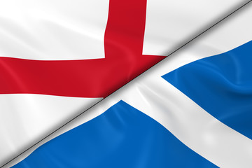 Flags of England and Scotland Divided Diagonally - 3D Render of