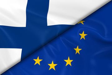 Flags of Finland and the European Union Divided Diagonally - 3D Render of the Finnish Flag and EU Flag with Silky Texture