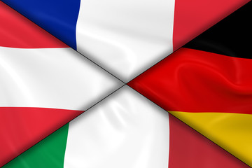 European Flags Collage - French, Italian, Austrian and German Flags Mixed in a Cross