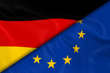 Flags of Germany and the European Union Divided Diagonally - 3D Render of the Greek Flag and EU Flag with Silky Texture