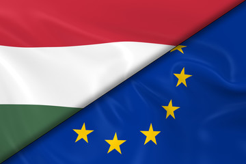 Flags of Hungary and the European Union Divided Diagonally - 3D Render of the Hungarian Flag and EU Flag with Silky Texture