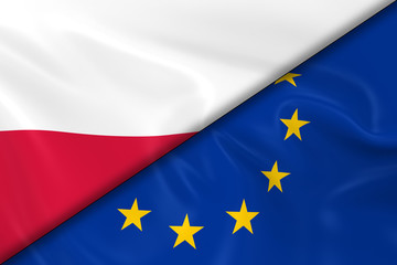 Flags of Poland and the European Union Divided Diagonally - 3D Render of the Polish Flag and EU Flag with Silky Texture