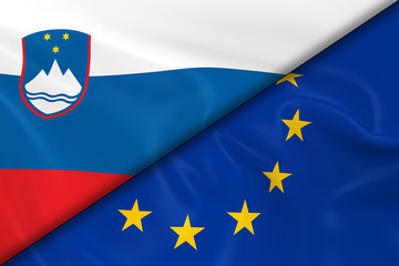 Flags of Slovenia and the European Union Divided Diagonally - 3D Render of the Slovenian Flag and EU Flag with Silky Texture