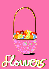 Cesta con flores en fondo rosa