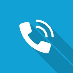 Flat Phone icon with long shadow on blue backround