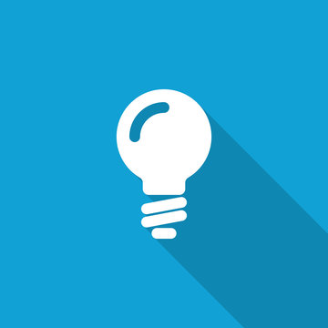 Flat Light Bulb icon with long shadow on blue backround