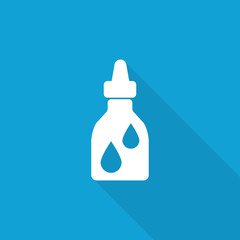 Flat Medicine Bottle icon with long shadow on blue backround
