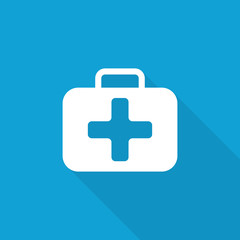 Flat First Aid Kit icon with long shadow on blue backround