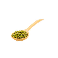 plenty of mung beans on wooden spoon isolated on white