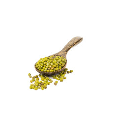 plenty of mung beans on wooden spoon isolated on white