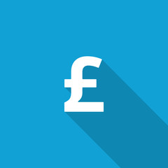 Flat Pound icon with long shadow on blue backround