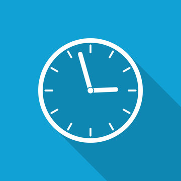 Flat Clock icon with long shadow on blue backround