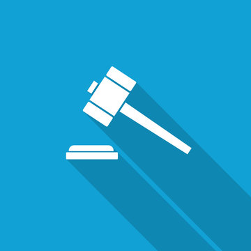 Flat Law Gavel icon with long shadow on blue backround