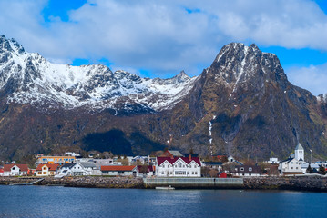 Norwegian town Svolvaer on Lofoten in sunny day