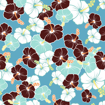 Fototapeta Fototapeta Hawajski wzór z kwiatami hibiskusa na niebieskim tle do pokoju