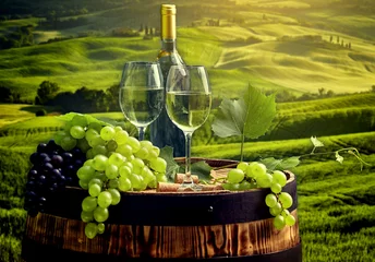 Papier Peint photo Vin bouteille de vin et verre à vin sur tonneau en bois. Belle Toscane