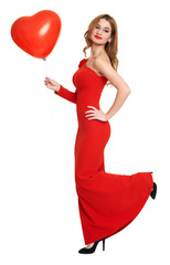 red dressed woman with heart shape balloon on white