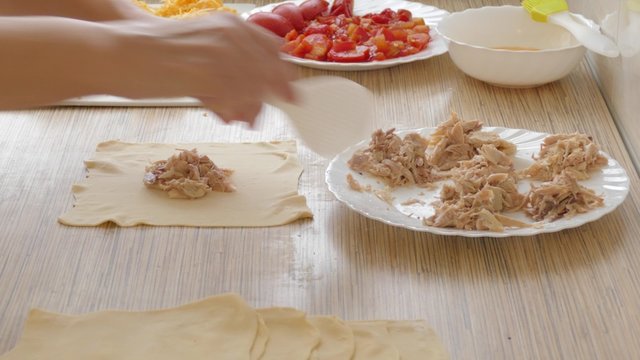 filling pies food ingredients-chicken meat, cheese, tomatoes