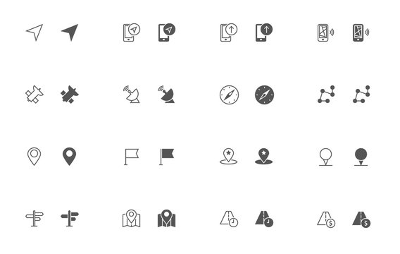 Outline and filled simple vector icons of Navigation related stuff. Snapped to pixel shapes, fully scalable