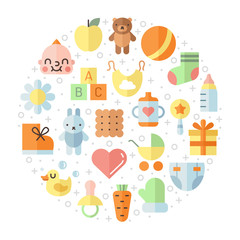 Baby (girl and boy) stuff flat multicolored cute vector circle background. Modern 
minimalistic design.