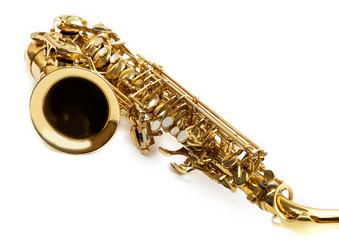 Fototapeta premium Golden saxophone isolated on white background, close up