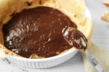 Uncooked chocolate pie on a table