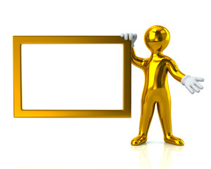 Golden man with blank signboard