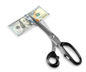 Scissors cut dollar banknote, isolated on white