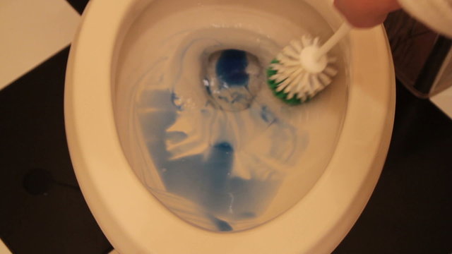 Scrubbing toilet bowl with blue gel and brush.