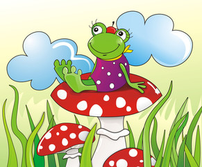funny frog sitting on a toadstool - obrazy, fototapety, plakaty